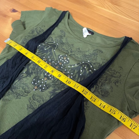 Y2K Womens Y2K Cyber Grunge Indie Sleaze Top Sz L Studded Wings Cross Rhinestone - Picture 2 of 7